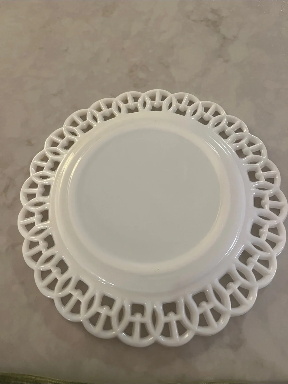 Lot of 3 Vintage White Milk Glass Dessert Plates w/ Scalloped cut out edge